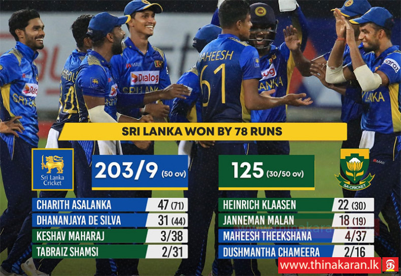 3rd ODI; SLvSA: இலங்கை அணி 78 ஓட்டங்களால் வெற்றி; ஒன்றரை வருடத்தின் பின் தொடர் வெற்றி-3rd ODI-SLvSA-SL Won by 78 Runs-Series Won as 2-1